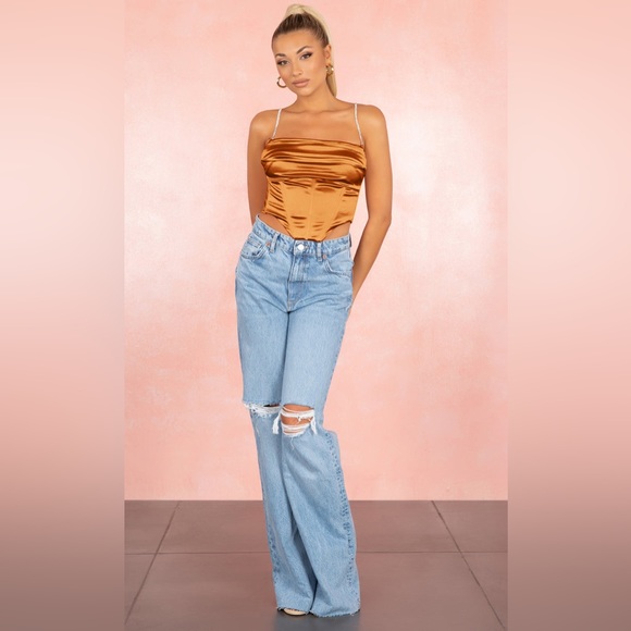 RUST ORANGE SATIN SLEEVELESS RHINESTONE SPAGHETTI STRAP DRAPE CROP TOP BLOUSE - Picture 5 of 7